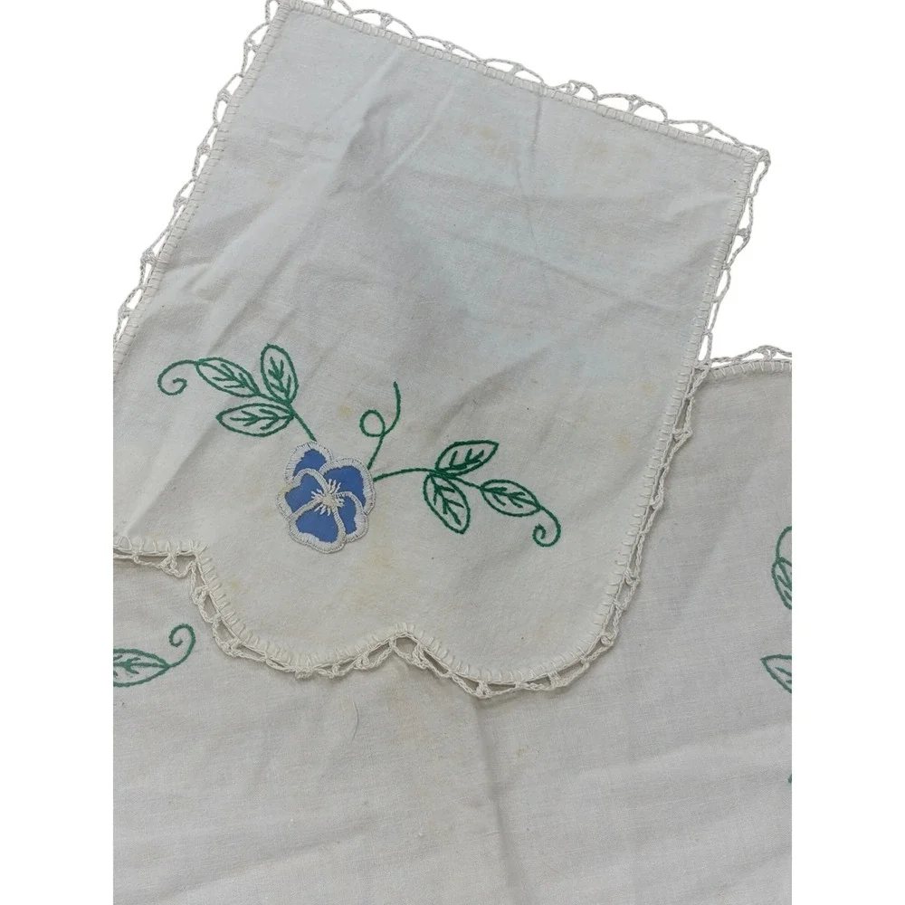 Vintage Hand Embroidered Linen Dresser Scarf Doily Set Blue Pansy Floral 8pc